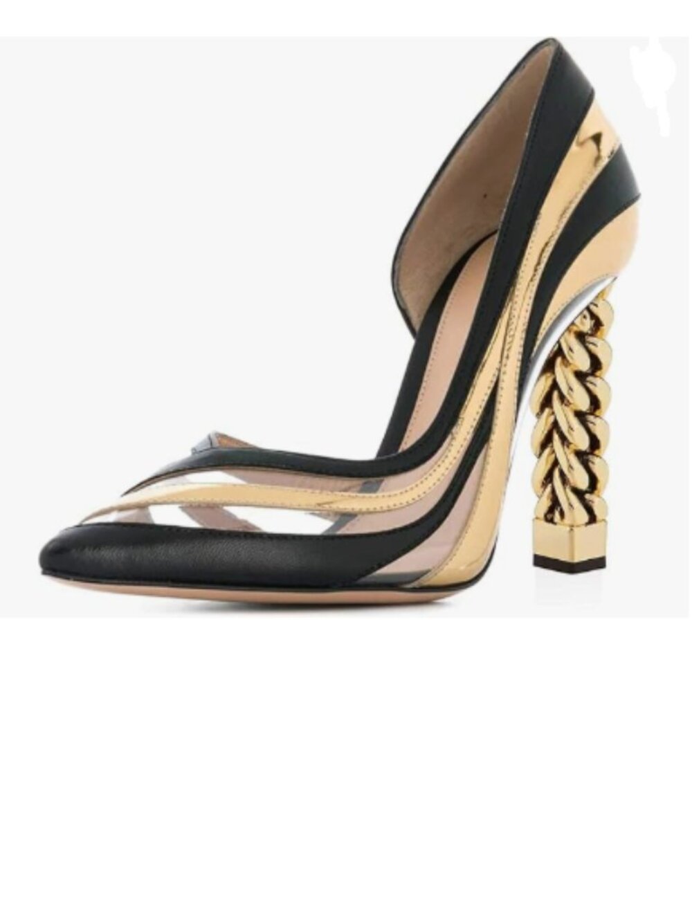 FSJ Gold Clear Gold Metal Chain Chunky High Heel Pointed Toe Slip On Prom Pumps
